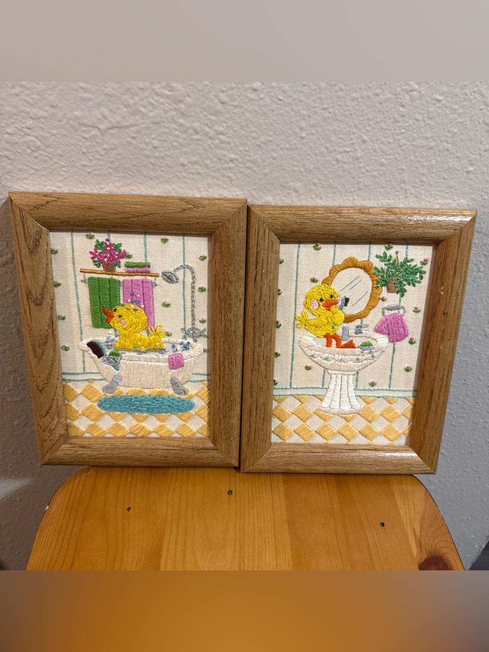 Embroidered Duck Bathroom Wall Art - Pair real wood frames